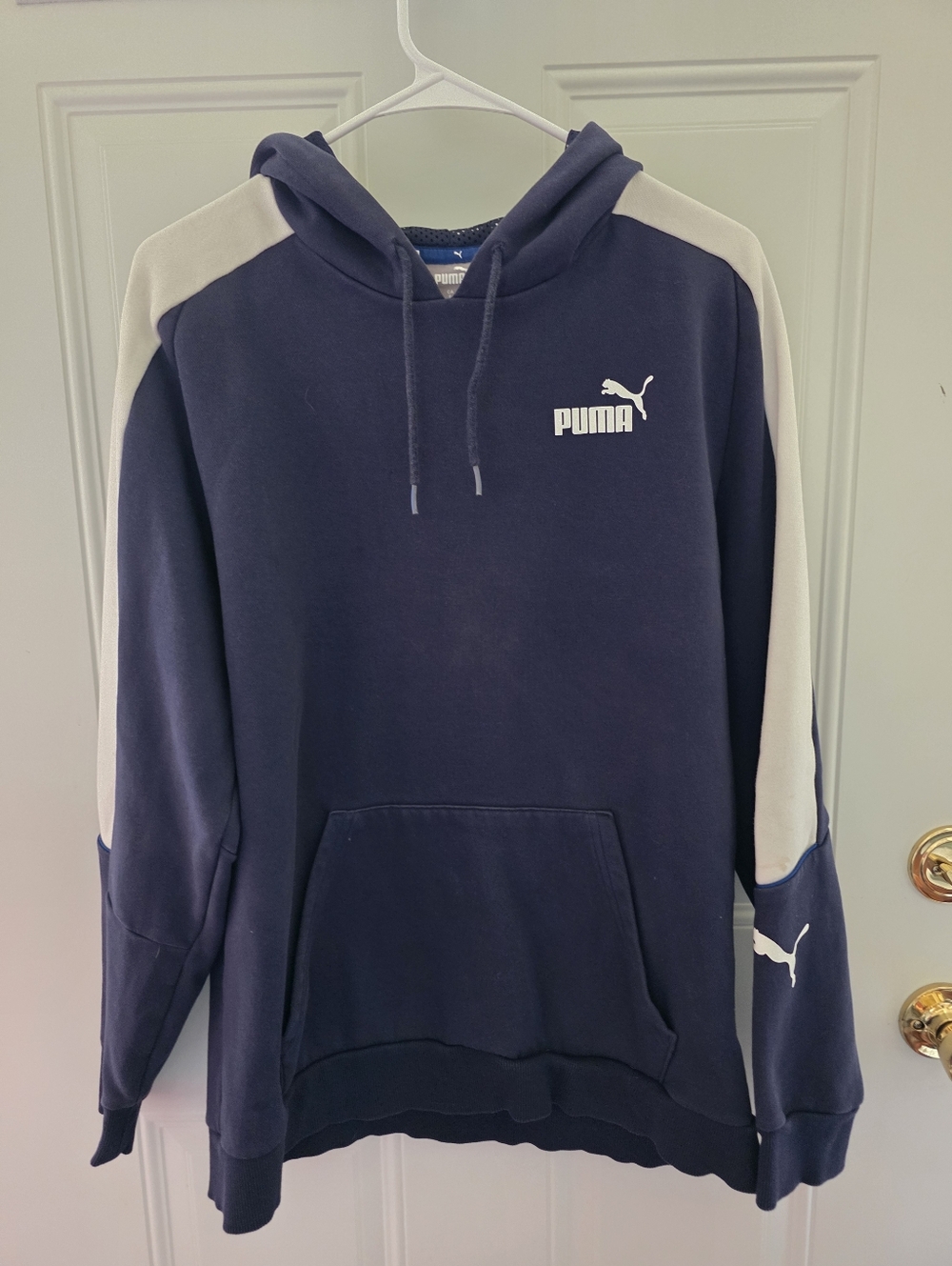 Puma Navy Hoodie with White Sleeve Panels Size Large